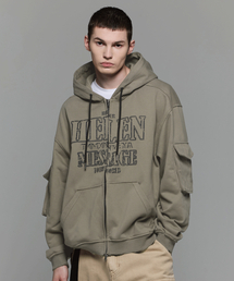 HEDER HELEN（ヘダーヘレン）の「Damage cargo hood zip-up khaki grey（パーカー）」