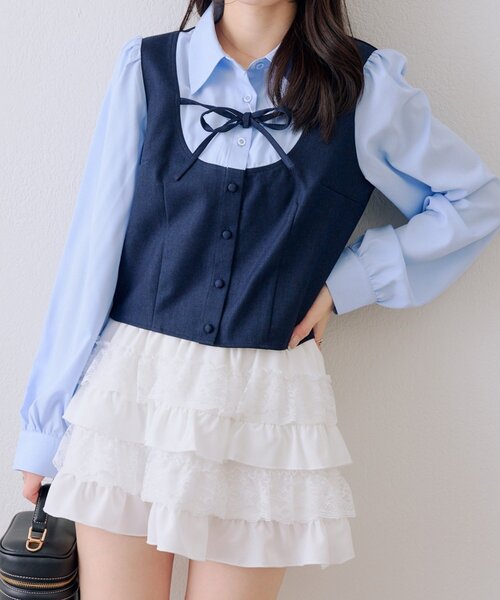 continuer de NICE CLAUP（コンティニューデナイスクラップ）の「1枚で完成する優等生スタイル、セットアップ対応可能。ドッキングリボンブラウス（シャツ/ブラウス・レディース・ネイビー/ベージュ/チャコールグレー・FREE）」の4枚目の写真