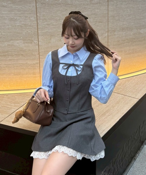 continuer de NICE CLAUP（コンティニューデナイスクラップ）の「1枚で完成する優等生スタイル、セットアップ対応可能。ドッキングリボンブラウス（シャツ/ブラウス・レディース・ネイビー/ベージュ/チャコールグレー・FREE）」の14枚目の写真