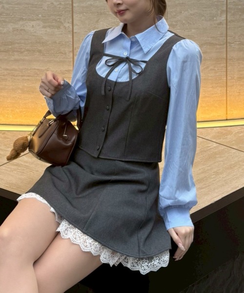 continuer de NICE CLAUP（コンティニューデナイスクラップ）の「1枚で完成する優等生スタイル、セットアップ対応可能。ドッキングリボンブラウス（シャツ/ブラウス・レディース・ネイビー/ベージュ/チャコールグレー・FREE）」の15枚目の写真