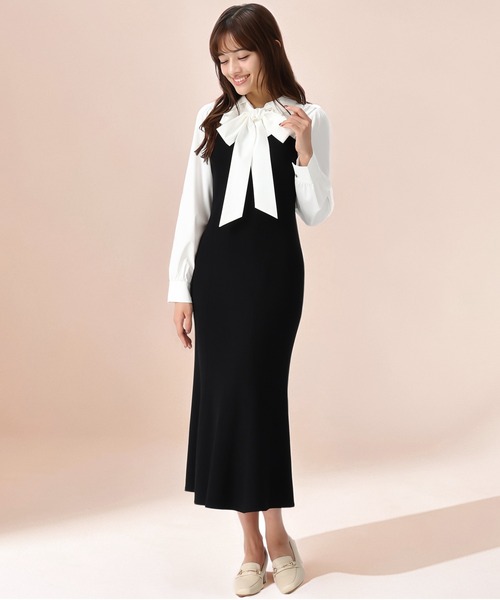 MISCH MASCH(ミッシュマッシュ)の「2026春夏新作 タイ付きシャツドッキングニットワンピース(ワンピース・レディース・ネイビー/ブラック・フリ-)」の1枚目の写真