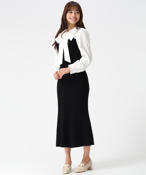 MISCH MASCH(ミッシュマッシュ)の「2026春夏新作 タイ付きシャツドッキングニットワンピース(ワンピース・レディース・ネイビー/ブラック・フリ-)」の5枚目の写真