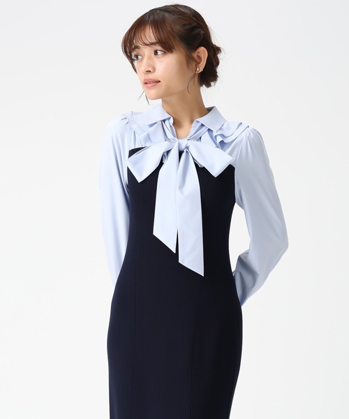 MISCH MASCH(ミッシュマッシュ)の「2026春夏新作 タイ付きシャツドッキングニットワンピース(ワンピース・レディース・ネイビー/ブラック・フリ-)」の7枚目の写真