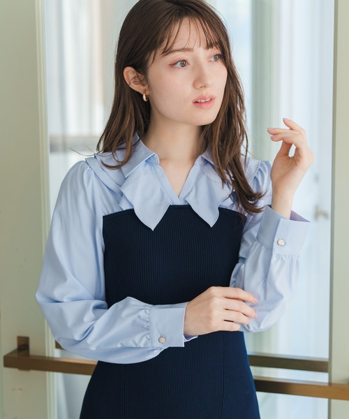 MISCH MASCH(ミッシュマッシュ)の「2026春夏新作 タイ付きシャツドッキングニットワンピース(ワンピース・レディース・ネイビー/ブラック・フリ-)」の16枚目の写真