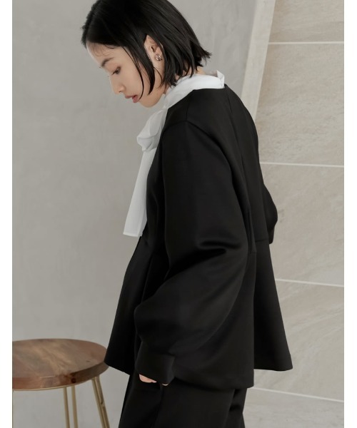 Re:EDIT（リエディ）の「[3点セット][イージーケア][パンツのサイズが選べる][低身長/高身長サイズ有]リボンブラウス付きダンボールパンツセットアップ（セットアップ・レディース・ブラック/ブルー・B/A/G/E/H/F/D/C）」の8枚目の写真