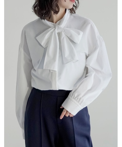 Re:EDIT（リエディ）の「[3点セット][イージーケア][パンツのサイズが選べる][低身長/高身長サイズ有]リボンブラウス付きダンボールパンツセットアップ（セットアップ・レディース・ブラック/ブルー・B/A/G/E/H/F/D/C）」の20枚目の写真