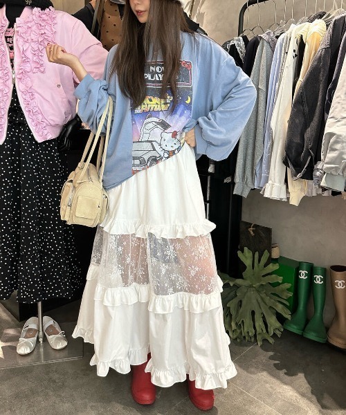 Mela(メラ)の「レースミックスティアードスカート(スカート・レディース・ホワイト/ブラック・FREE)」の4枚目の写真