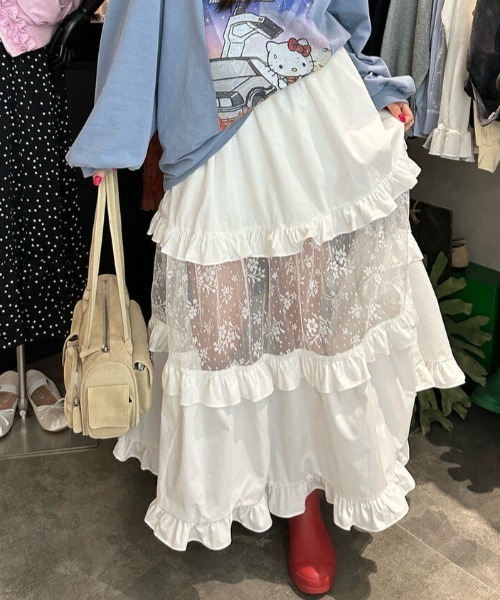 Mela(メラ)の「レースミックスティアードスカート(スカート・レディース・ホワイト/ブラック・FREE)」の20枚目の写真