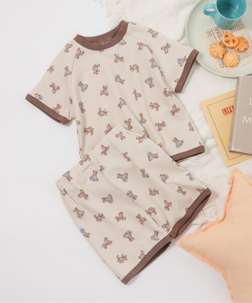 apres les cours（アプレレクール）の「くま・恐竜・サファリ柄 半袖ワッフルパジャマ（ルームウェア/パジャマ・キッズ・カーキ/ベージュ/ブルー・130/120/110/100/90/80）」の2枚目の写真
