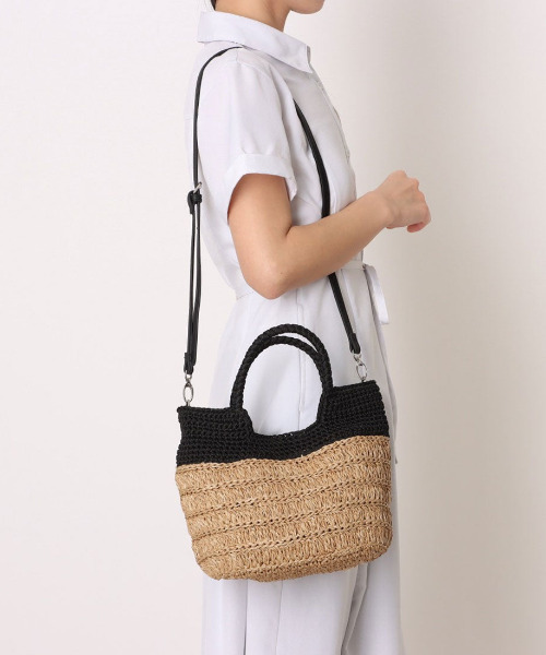 cache cache(カシュ カシュ)の「カシュカシュ cachecache / 切り替え柄編みミニトート カゴバッグ(かごバッグ・レディース・ブラック/ベージュ系その他/グリーン・FREE)」の11枚目の写真