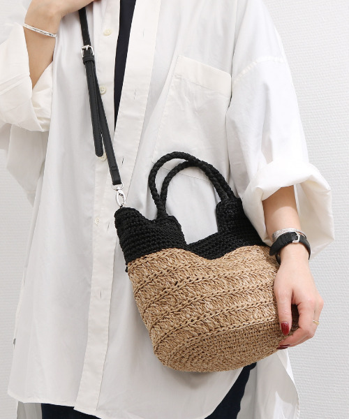 cache cache(カシュ カシュ)の「カシュカシュ cachecache / 切り替え柄編みミニトート カゴバッグ(かごバッグ・レディース・ブラック/ベージュ系その他/グリーン・FREE)」の13枚目の写真