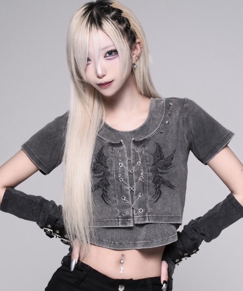 REFLEM(レフレム)の「『REFLEM/レフレム』テレコレイヤードクロップトップス(Tシャツ/カットソー・レディース・ブラック/グレー・M/L)」の2枚目の写真