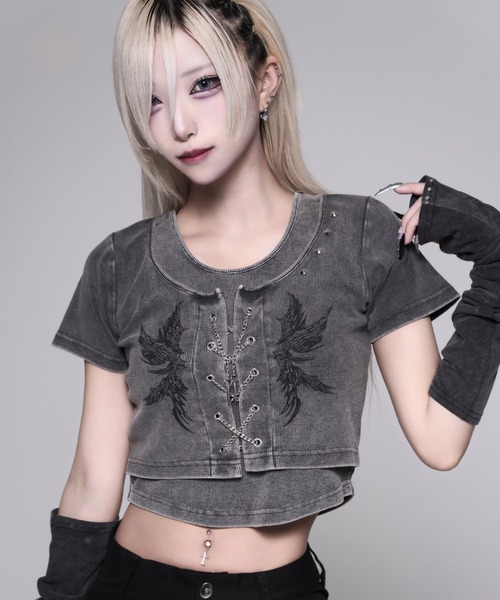 REFLEM(レフレム)の「『REFLEM/レフレム』テレコレイヤードクロップトップス(Tシャツ/カットソー・レディース・ブラック/グレー・M/L)」の9枚目の写真