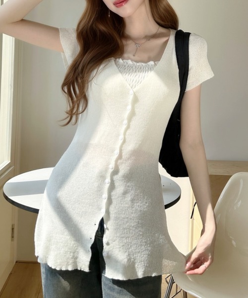 Ada.（エイダ）の「Vネック コンパクト フロントボタン フレア ニット トップス（ニット/セーター・レディース・ブラック/ピンク/ホワイト・FREE）」の8枚目の写真