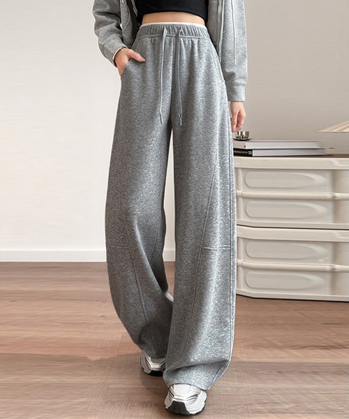 DAY CLOSET（デイ クローゼット）の「【大きいサイズ有/ゴム＆調節紐付き】立体切り替え×配色ライン。ハイウエスト ワイド スウェットパンツ レディース（その他パンツ・レディース・ライトグレー/ネイビー/ダークグレー/杢グレー/アイボリー/ブラック・XL/L/S/M）」の5枚目の写真