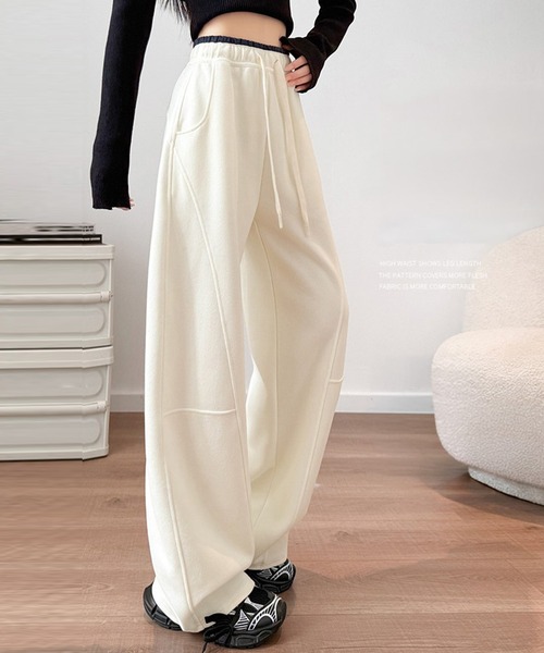 DAY CLOSET（デイ クローゼット）の「【大きいサイズ有/ゴム＆調節紐付き】立体切り替え×配色ライン。ハイウエスト ワイド スウェットパンツ レディース（その他パンツ・レディース・ライトグレー/ネイビー/ダークグレー/杢グレー/アイボリー/ブラック・XL/L/S/M）」の8枚目の写真