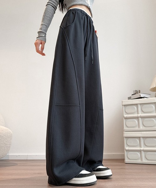 DAY CLOSET（デイ クローゼット）の「【大きいサイズ有/ゴム＆調節紐付き】立体切り替え×配色ライン。ハイウエスト ワイド スウェットパンツ レディース（その他パンツ・レディース・ライトグレー/ネイビー/ダークグレー/杢グレー/アイボリー/ブラック・XL/L/S/M）」の13枚目の写真