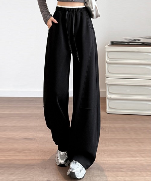 DAY CLOSET（デイ クローゼット）の「【大きいサイズ有/ゴム＆調節紐付き】立体切り替え×配色ライン。ハイウエスト ワイド スウェットパンツ レディース（その他パンツ・レディース・ライトグレー/ネイビー/ダークグレー/杢グレー/アイボリー/ブラック・XL/L/S/M）」の10枚目の写真