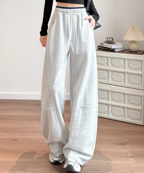 DAY CLOSET（デイ クローゼット）の「【大きいサイズ有/ゴム＆調節紐付き】立体切り替え×配色ライン。ハイウエスト ワイド スウェットパンツ レディース（その他パンツ・レディース・ライトグレー/ネイビー/ダークグレー/杢グレー/アイボリー/ブラック・XL/L/S/M）」の12枚目の写真