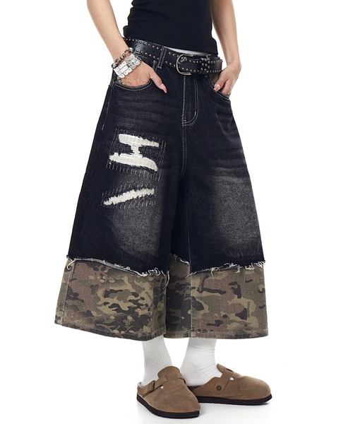 mushwear(マッシュウェア)の「カモフラージュ切替 デニムハーフパンツ(デニムパンツ・メンズ・ブラック/ブルー・LARGE/MEDIUM/X-LARGE/SMALL)」の2枚目の写真