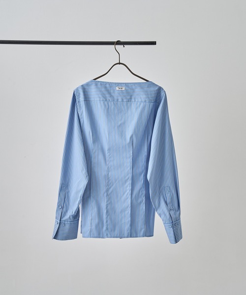 JANE SMITH / JOHN SMITH（ジェーンスミスジョンスミス）の「[JANE SMITH/ジェーン・スミス]STRIPE WASHED COTTON BROAD BOATNECK SHAPE BLOUSE（シャツ/ブラウス・レディース・ライトブルー・38/36）」の2枚目の写真