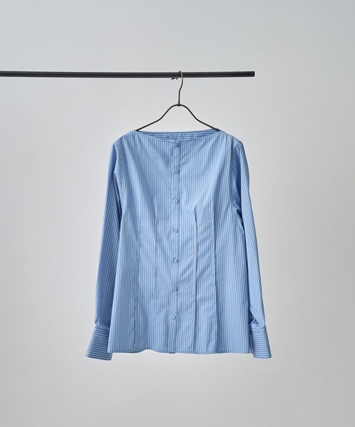 JANE SMITH / JOHN SMITH（ジェーンスミスジョンスミス）の「[JANE SMITH/ジェーン・スミス]STRIPE WASHED COTTON BROAD BOATNECK SHAPE BLOUSE（シャツ/ブラウス・レディース・ライトブルー・38/36）」の6枚目の写真
