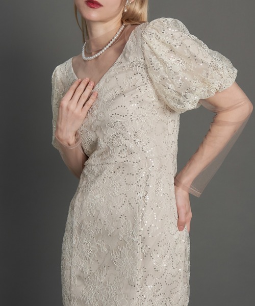 My shawty(マイシャウティー)の「kirari puff sleeve dress(ドレス・レディース・ネイビー/ライトベージュ/ブラック・MEDIUM/SMALL)」の2枚目の写真