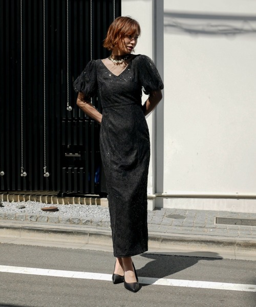 My shawty(マイシャウティー)の「kirari puff sleeve dress(ドレス・レディース・ネイビー/ライトベージュ/ブラック・MEDIUM/SMALL)」の14枚目の写真