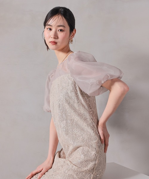 刺繍リーフレースIラインワンピースドレス パーティー ドレス 結婚式 