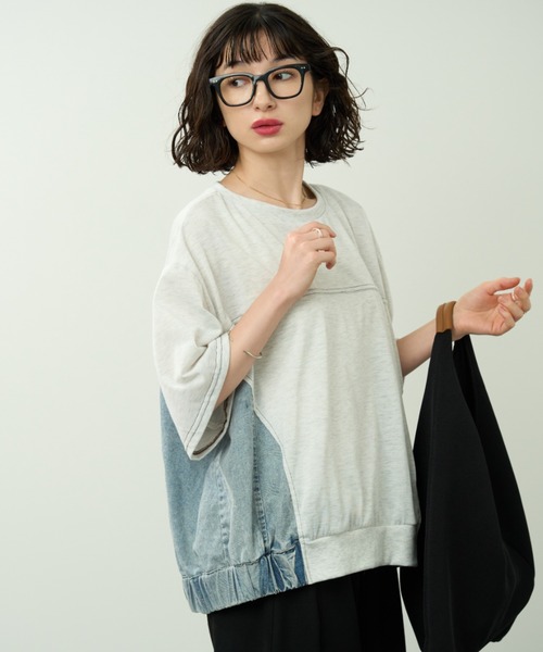 A.D.C.L.(エーディーシーエル)の「デニム切替 配色ステッチ 半袖 プルオーバー(Tシャツ/カットソー・レディース・サックスブルー/ブラック・M/L)」の4枚目の写真