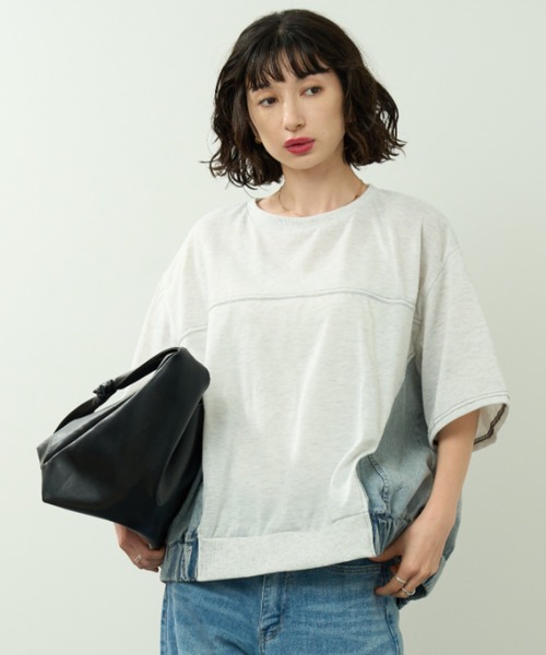 A.D.C.L.(エーディーシーエル)の「デニム切替 配色ステッチ 半袖 プルオーバー(Tシャツ/カットソー・レディース・サックスブルー/ブラック・M/L)」の5枚目の写真