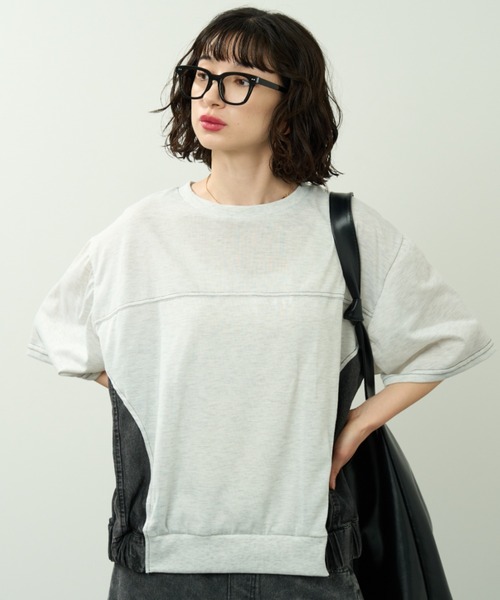 A.D.C.L.(エーディーシーエル)の「デニム切替 配色ステッチ 半袖 プルオーバー(Tシャツ/カットソー・レディース・サックスブルー/ブラック・M/L)」の7枚目の写真