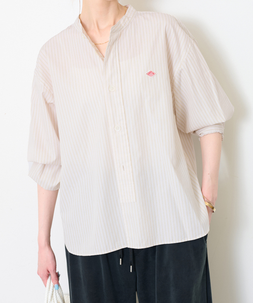 DANTON(ダントン)の「DANTON/ダントン BAND COLLAR SHIRT #DT-B0341(シャツ/ブラウス・レディース・チャコールグレー/ピンク/サックスブルー・FREE)」の1枚目の写真