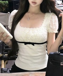 フロントリボン レース切り替えショートtシャツ