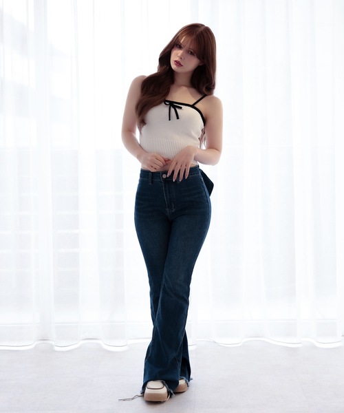 M DOLLY(エムドリー)の「Bicolor ribbon ellis knit camisole / バイカラーエリスリボンニットキャミソール(キャミソール・レディース・ホワイト/ベージュ/ブラック・FREE)」の10枚目の写真