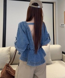 V ネック ドレープ デザイン デニム トップス ウエストマーク ゆったり 半袖
