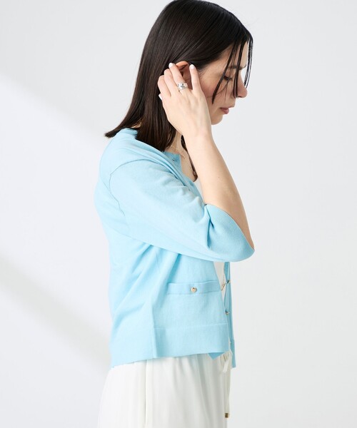 NOLLEY’S(ノーリーズ)の「《手洗い可能》エアリーストレッチ5分袖Cネックカーディガン(カーディガン/ボレロ・レディース・ベビーピンク/サックスブルー/ネイビー/オフホワイト・38)」の12枚目の写真