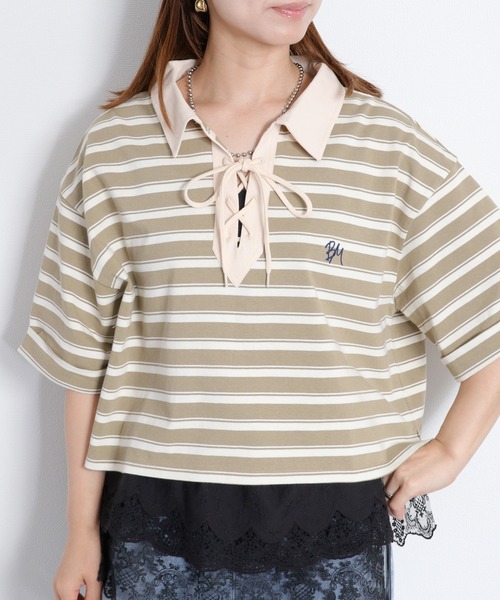 cepo(セポ)の「レースアップデザイン 半袖ラガーTee(ポロシャツ・レディース・ベージュ系その他/ブラック/オフホワイト・M)」の1枚目の写真