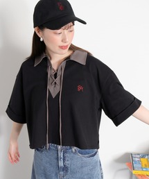 レースアップデザイン 半袖ラガーTee