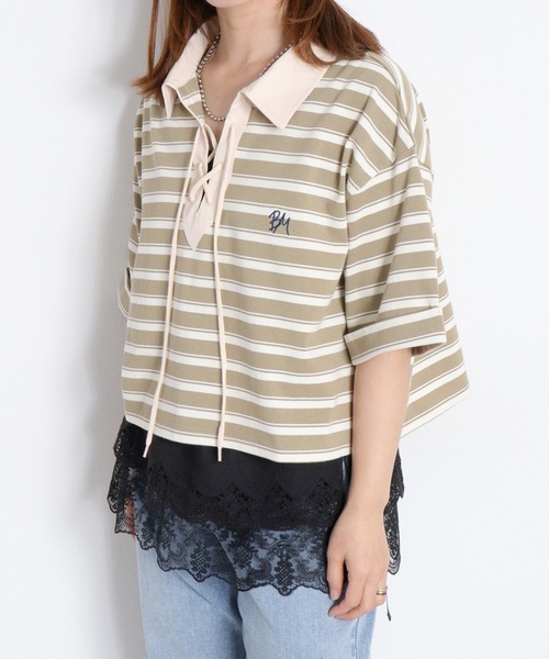 cepo(セポ)の「レースアップデザイン 半袖ラガーTee(ポロシャツ・レディース・ベージュ系その他/ブラック/オフホワイト・M)」の15枚目の写真