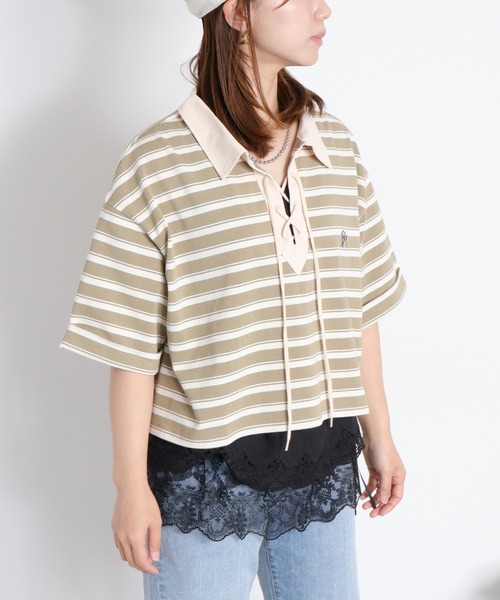 cepo(セポ)の「レースアップデザイン 半袖ラガーTee(ポロシャツ・レディース・ベージュ系その他/ブラック/オフホワイト・M)」の8枚目の写真