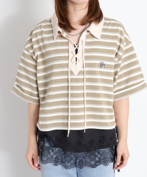 cepo(セポ)の「レースアップデザイン 半袖ラガーTee(ポロシャツ・レディース・ベージュ系その他/ブラック/オフホワイト・M)」の14枚目の写真