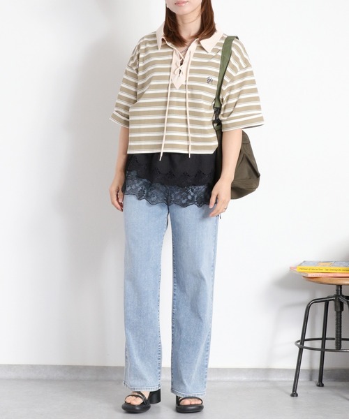 cepo(セポ)の「レースアップデザイン 半袖ラガーTee(ポロシャツ・レディース・ベージュ系その他/ブラック/オフホワイト・M)」の13枚目の写真