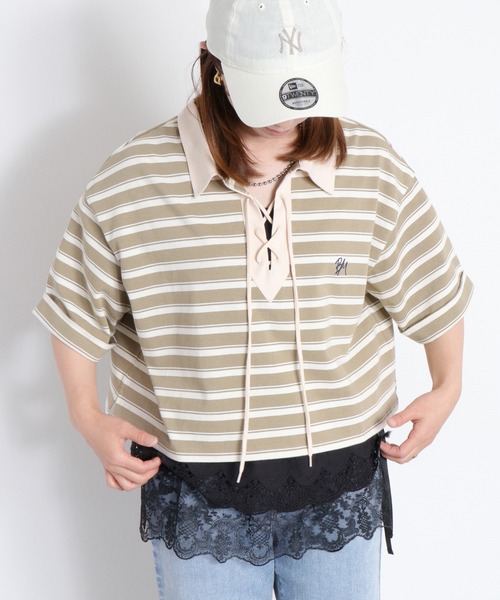 cepo(セポ)の「レースアップデザイン 半袖ラガーTee(ポロシャツ・レディース・ベージュ系その他/ブラック/オフホワイト・M)」の9枚目の写真