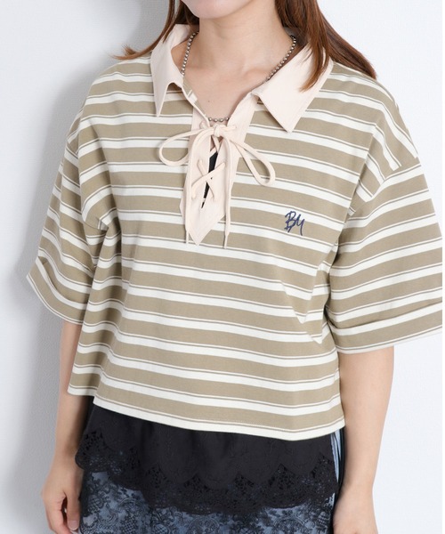 cepo(セポ)の「レースアップデザイン 半袖ラガーTee(ポロシャツ・レディース・ベージュ系その他/ブラック/オフホワイト・M)」の5枚目の写真