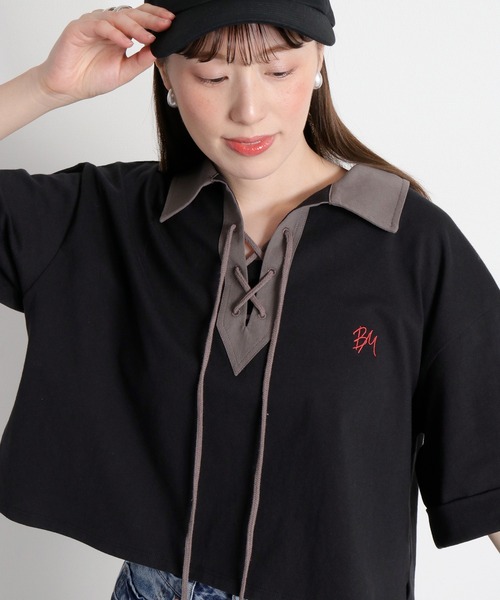 cepo(セポ)の「レースアップデザイン 半袖ラガーTee(ポロシャツ・レディース・ベージュ系その他/ブラック/オフホワイト・M)」の4枚目の写真
