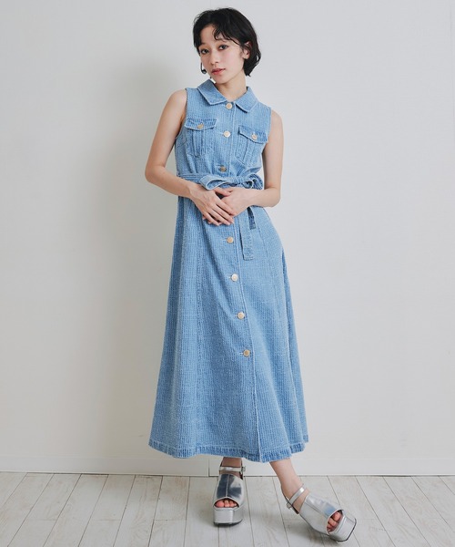 ディーゼル　DIESEL デニムブルー シャツワンピース　レーザープリント セール】レーザーカットデニムロングシャツワンピース（ワンピース