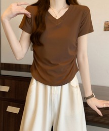 Vネック ドレープデザイン 半袖Tシャツ / コンパクトカットソー