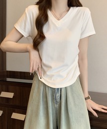 Vネック ドレープデザイン 半袖Tシャツ / コンパクトカットソー