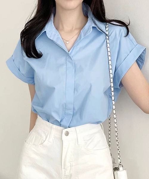 shoppinggo(ショッピングゴー)の「vネックブラウス シャツ オフィス カジュアル 半袖 襟付き スキッパー 春夏 無地(シャツ/ブラウス・レディース・ホワイト/ブルー・M/L)」の2枚目の写真